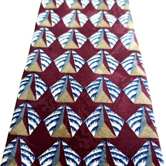 Viaggio Red Tan Geometric Jacquard Print Short Silk Tie - Picture 2 of 6